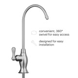 Sequoia brushed nickel faucet features convenient 360 degree swivel for easy access, designed for easy installation.