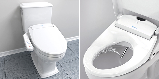 Image of a bidet toilet seat installed and second image of a bidet toilet seat spraying water