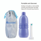 Brondell Essential blue travel bidet is portable and discreet, featuring drawstring storage bag and removable nozzle.