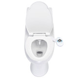 Brondell SouthSpa essential left-handed bidet attachment installed on a toilet from a front view