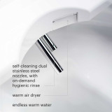 Brondell Swash 1400 bidet toilet seat includes self-cleaning dual stainless steel nozzles with on-demand hygienic rinse, warm air dryer, and endless warm water.