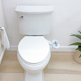 Brondell SouthSpa essential left-handed bidet attachment installed in on standard white toilet next to green plant.
