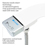 Brondell SimpleSpa Thinline essential bidet attachment features a nozzle clean+ technology, on-demand hygienic rinse, and ergonomic control knob to control water pressure.