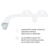 Brondell SimpleSpa Thinline essential bidet attachment with single nozzle is powered by water pressure and operates without electricity of batteries. It is an excellent option for bathrooms lacking access to an electrical outlet.