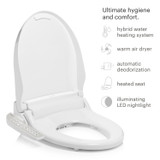 Swash DR801 Luxury Bidet Seat Left View featuring hybrid water heating system, warm air dryer, automatic deodorizer, heated seat, and illumination LED nightlight