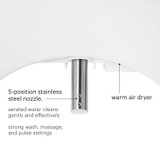 Swash DR801 Luxury Bidet Seat Nozzle close up view featuring 5 position stainless steel nozzle with aerated water for gentle effective clean or a strong massage wash.