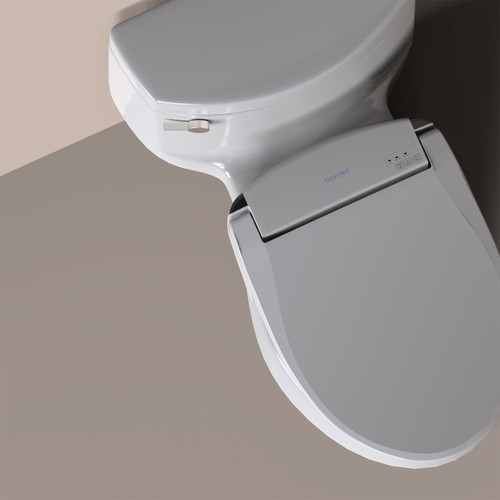 Brondell Swash DS725 bidet toilet seat closed in a beige background