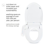 Brondell Swash SE400 bidet toilet seat side arm control cuts down on toilet paper and increases sustainability. Washing saves an average of over 100 rolls per year, per person.