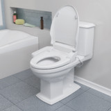 Brondell Swash SE400 bidet toilet seat side arm control installed on the toilet with the lid opened