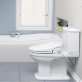 Brondell Swash SE400 bidet toilet seat side arm control installed in a bathroom from a side view