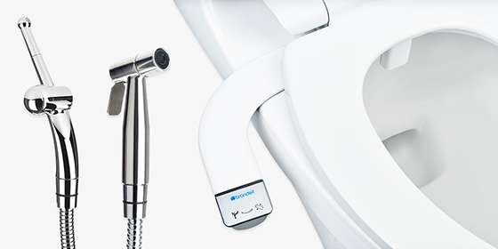 Image of the CleanSpa hand-held bidet sprayer, CleanSpa luxury hand-held bidet sprayer, and the bidet attachment