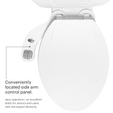 Image of FreshSpa Thinline Precision Essential Bidet Attachment focusing on it's side arm control.  Conveniently located side arm control panel for easy operation; an excellent bidet for seniors and users with decreased dexterity.