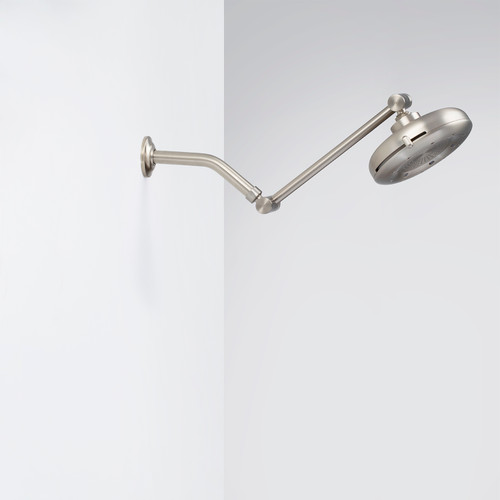 Nebia Adjustable Shower Arm Spot Resist Nickel with a showerhead installed in an upward position with a white background