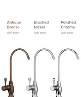 Starting from the left is the water filter faucet with filter change indicator in antique bronze, brushed nickel, and polished chrome.