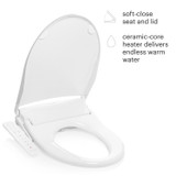 T22 bidet toilet seat includes a soft-close seat, lid, and a ceramic-core heater that provides warm water.