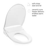 T44 bidet toilet seat includes a soft-close seat/lid and ceramic-core heater delivers endless warm water