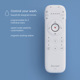 Image of remote; Control your wash.  Beatifully designed remote.  Programmable for 2 individual users. Expert mode wash/dry customization.  Magnetic docking station.
