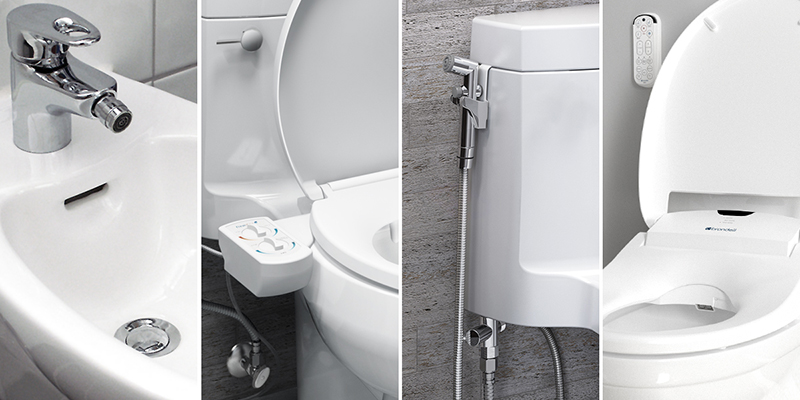 Thumbnail image starting from the left is a traditional bidet, bidet attachment, hand-held bidet sprayer, and a bidet toilet seat
